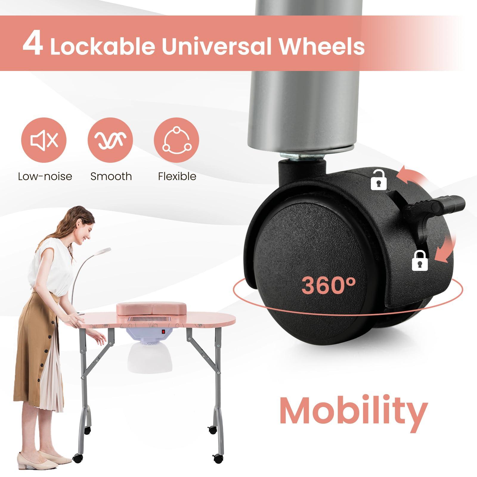 WELLHUT WELLHUT Nail Tech Table Vented Manicure Table w/LED Lamp, Dust Collector, Carry Bag & Soft Cushion, Portable Nail Tables w/Universal Mute Wheels for Nail Lovers Home Spa Beauty Salon