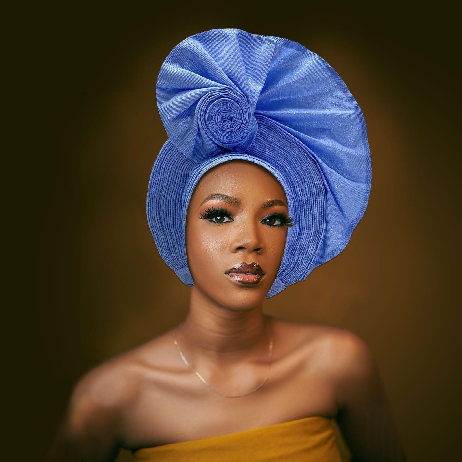 QliHut QliHut Nigerian Headtie African Head Wraps Aso Oke Gele Already Made Handmade African Turban Cap For Party (Sky blue)