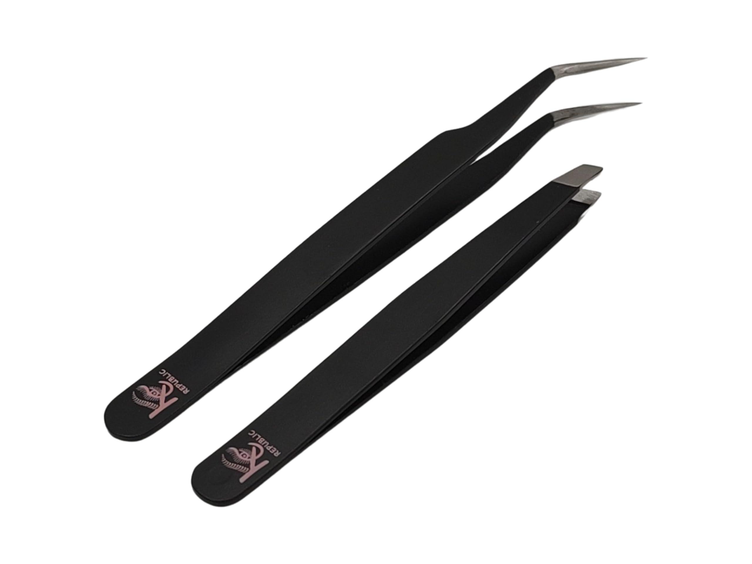 KC Republic Eyebrow Extensions Premium Kit with 1 x Trays of Mink Eyebrows in Brown Comes on Mixed Length Trays 5-8 Mm Mix, Eyebrow Premium Glue Clear & Dual Pack (Straight & Curved Tip) Extension Tweezers