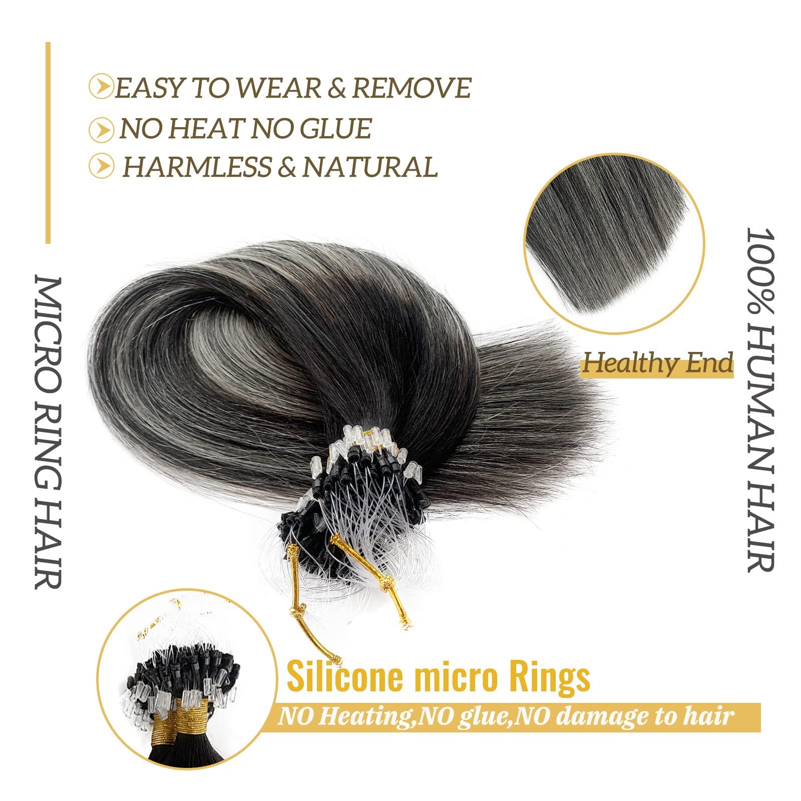 Smavida Ombre Black Hair Extensions Micro Loop Human Hair,Balayage Ombre Off Black to Grey Silver Remy Human Hair Extensions Ombre Long Straight Micro Ring Hair Extensions for Women 50g 1g/strand