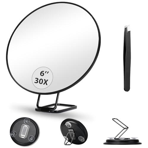 JJhxr 30X Magnifying Mirror, 6 Inch Large Makeup Mirror with 30X Magnification, Compact Makeup Magnifying Mirror, Round Magnifying Mirror with Handle for Travel Mirror, 3 Suction Cups, 360 Adjustable Stand
