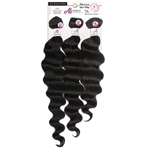 Ali [7A Grade Unprocessed Brazilian Hair] Ali express Brazilian Human Hair 3 Bundles Ocean Wave -3 Bundles in 1 Pack Solution -Naturl Black (18+20+22)