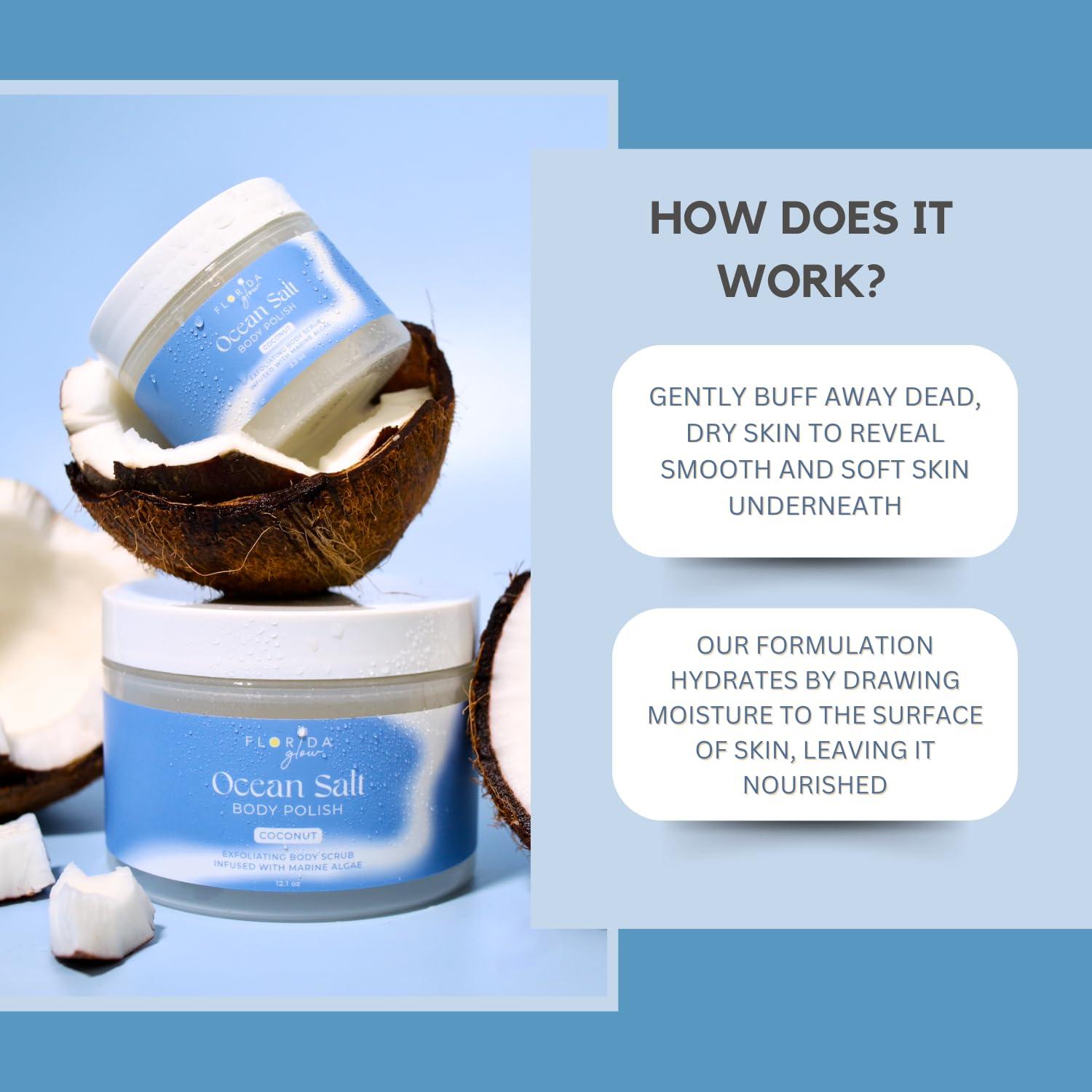 Florida Salt Scrubs Sea Salt Body Scrub by Florida Suncare - Ocean Salt Body Polish Infused with Marine Algae - Exfoliating Face and Body Scrub - Facial Scrub Exfoliator to Tackle Acne (Coconut, 3.3 oz)