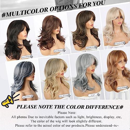 LEOSA LEOSA Dark Brown Wig with Curtain Bangs Layered Wig for Women Brown Hair Wig Shoulder-Length Wavy Wig Long Dark Brown Synthetic Wigs with Bangs for White Women Medium Brown Wig for Daily Party Use