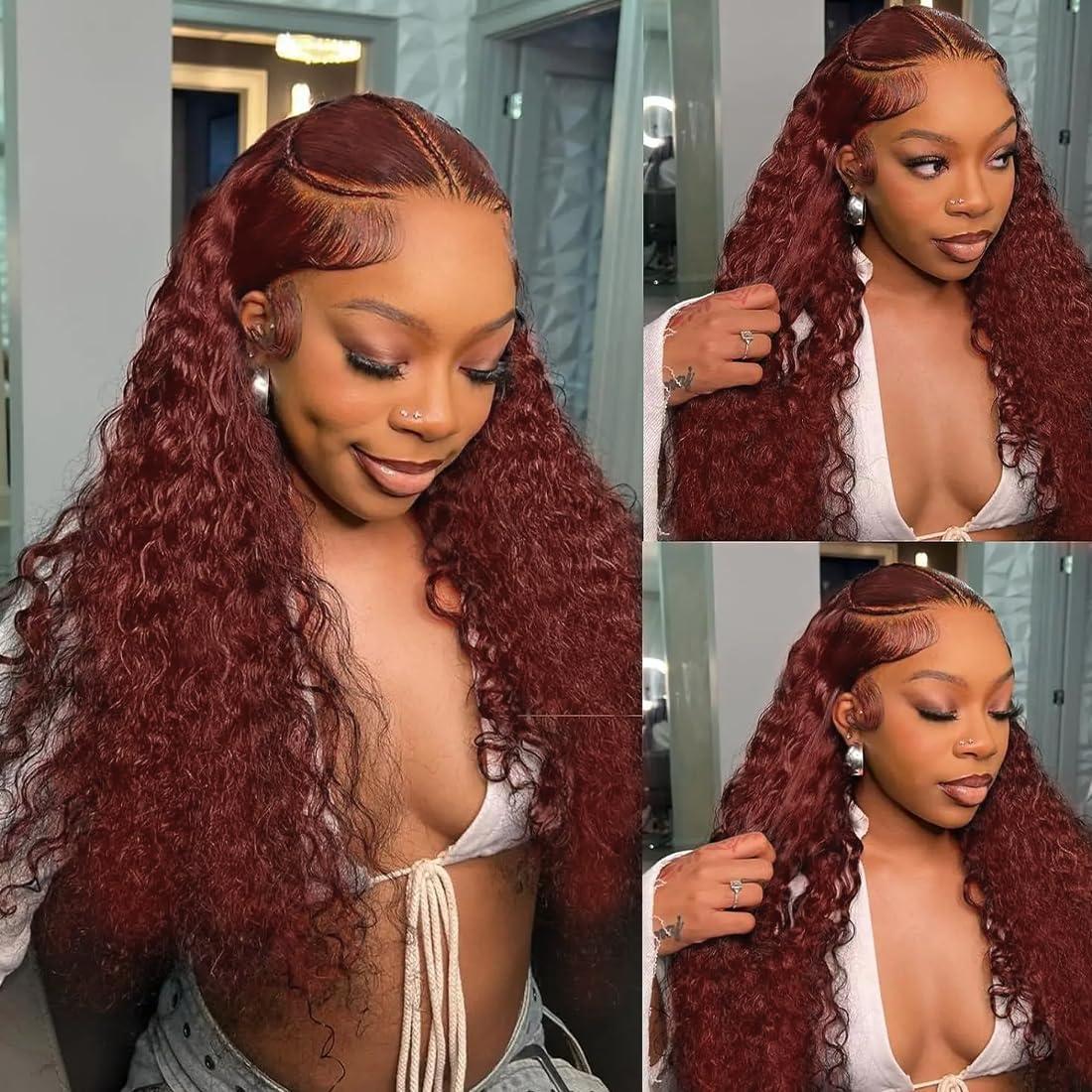 AHUFALU Reddish Brown Curly Lace Front Wigs Human Hair 13X4 Free Part Copper Deep Curly Wig Bleached Knots Auburn Brown Colored Water Wave Lace Front Wig Pre Plucked With Baby Hair 180% Density 28 inch