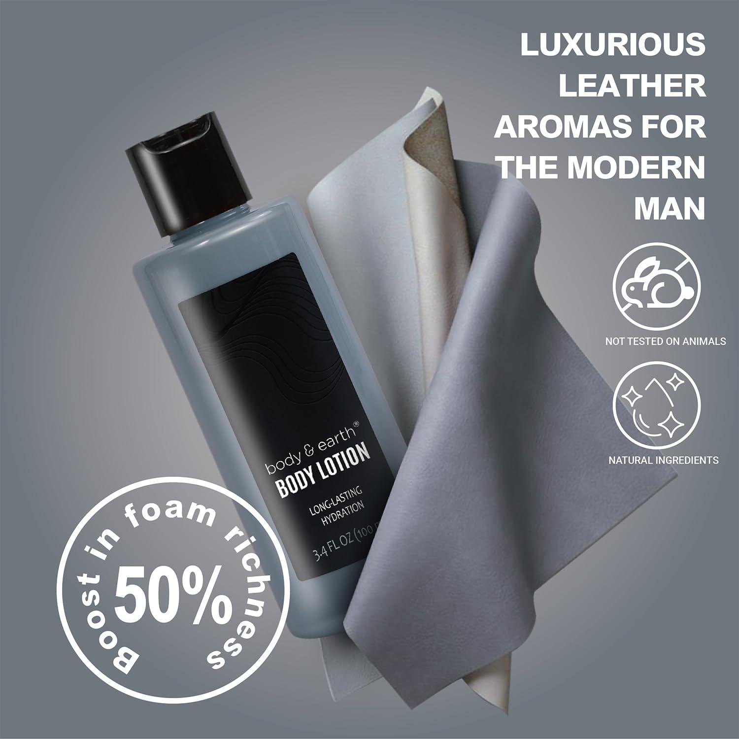 BODY & EARTH Gift Baskets for Men Body Wash Set Body & Earth Leathers Mens Bath Set with Body Lotion, Face Wash, Shower Gel, Bubble Bath, Loofah & More, Birthday Gifts for Men,regalos para hombre,Christmas Gifts