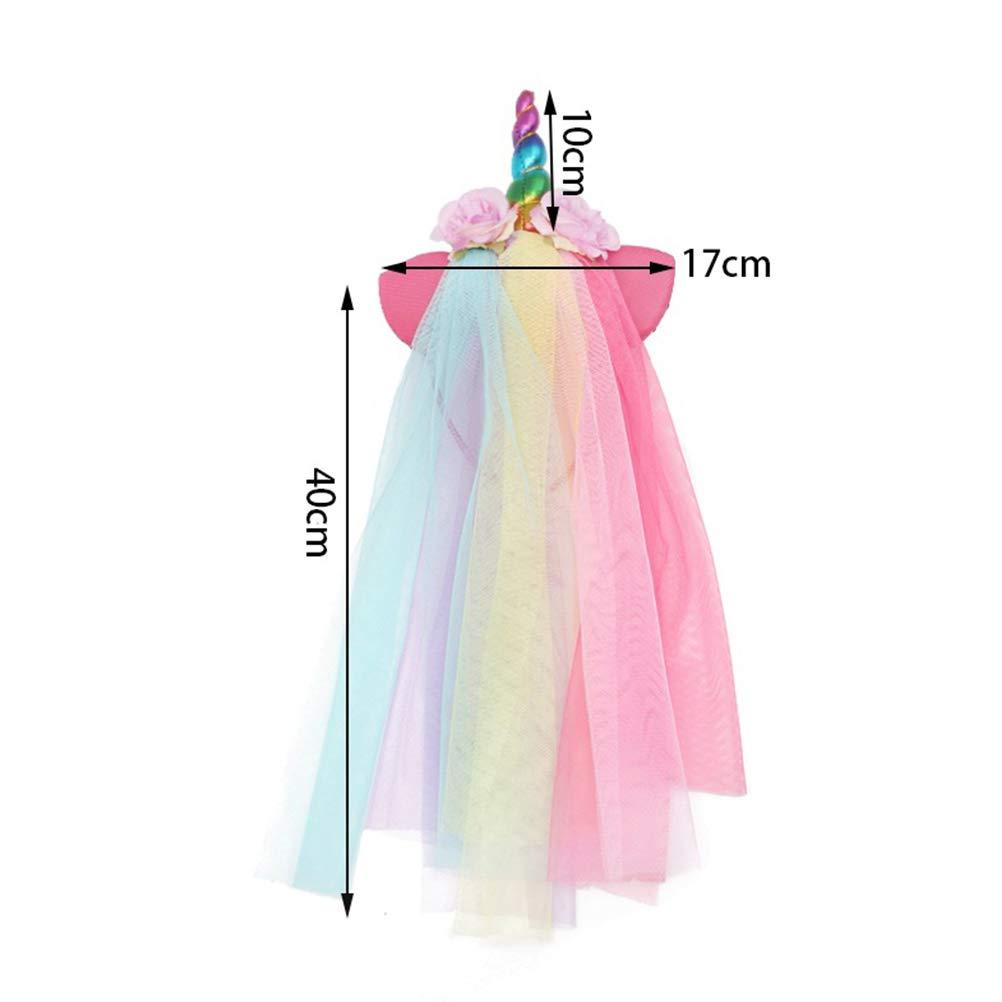 SaditY 2pcs Unicorn Headband with Veil Rainbow Unicorn Hair Hoop Gauze Flower Head Hoop for Girl