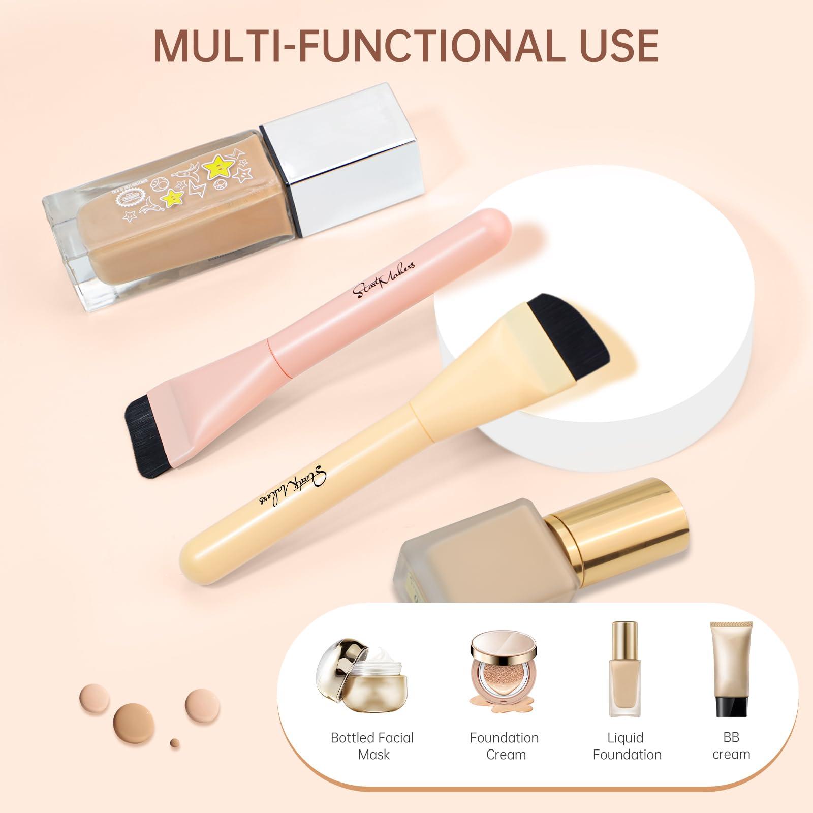 START MAKERS START MAKERS 2Pcs Ultra Thin Foundation Brushes, Flat Top & Angled Head Liquid Cream Foundation Makeup Brush Face Mask Brushes Tools, Pink & Yellow