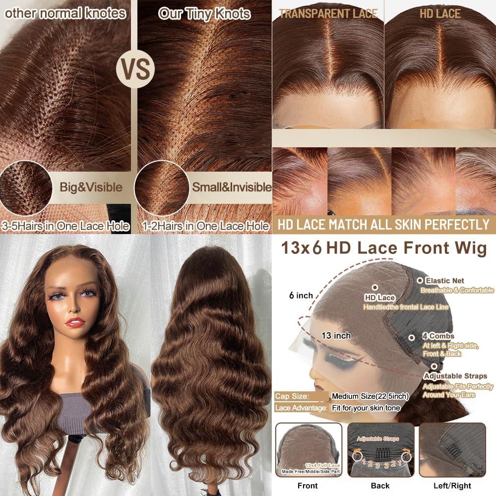 Fongly 26 Inch Chocolate brown Lace Front Wig Human Hair 13x6 HD Transparent Body Wave Lace Front Wigs Human Hair Pre Plucked Glueless Frontal Brown Wig Human Hair 200% Density Colored #4 Human Hair Wigs