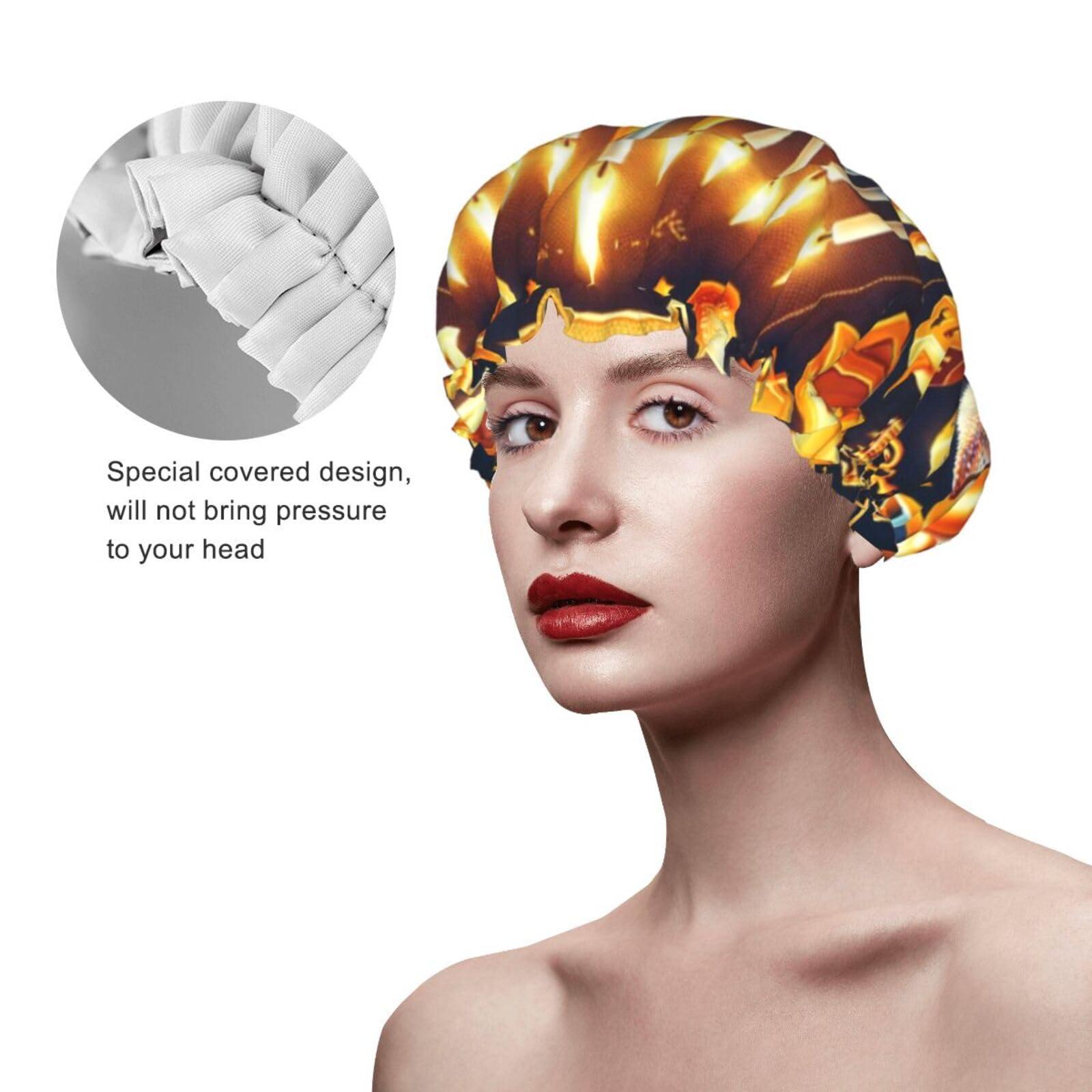 Augenstern Women Reusable Shower Cap Happy-Hanukkah-Jewish-Menorah Double Layers Waterproof Elastic Band Bath Hair Hat Stretch Hem Hair Hat