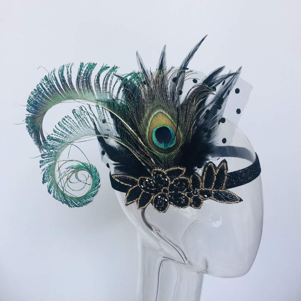 Aimimier Aimimier 1920s Flapper Peacock Feather Headband Beaded Sequined Costume Headpiece with Elastic Band Carnival Party Showgirl Roaring Hair Jewelry