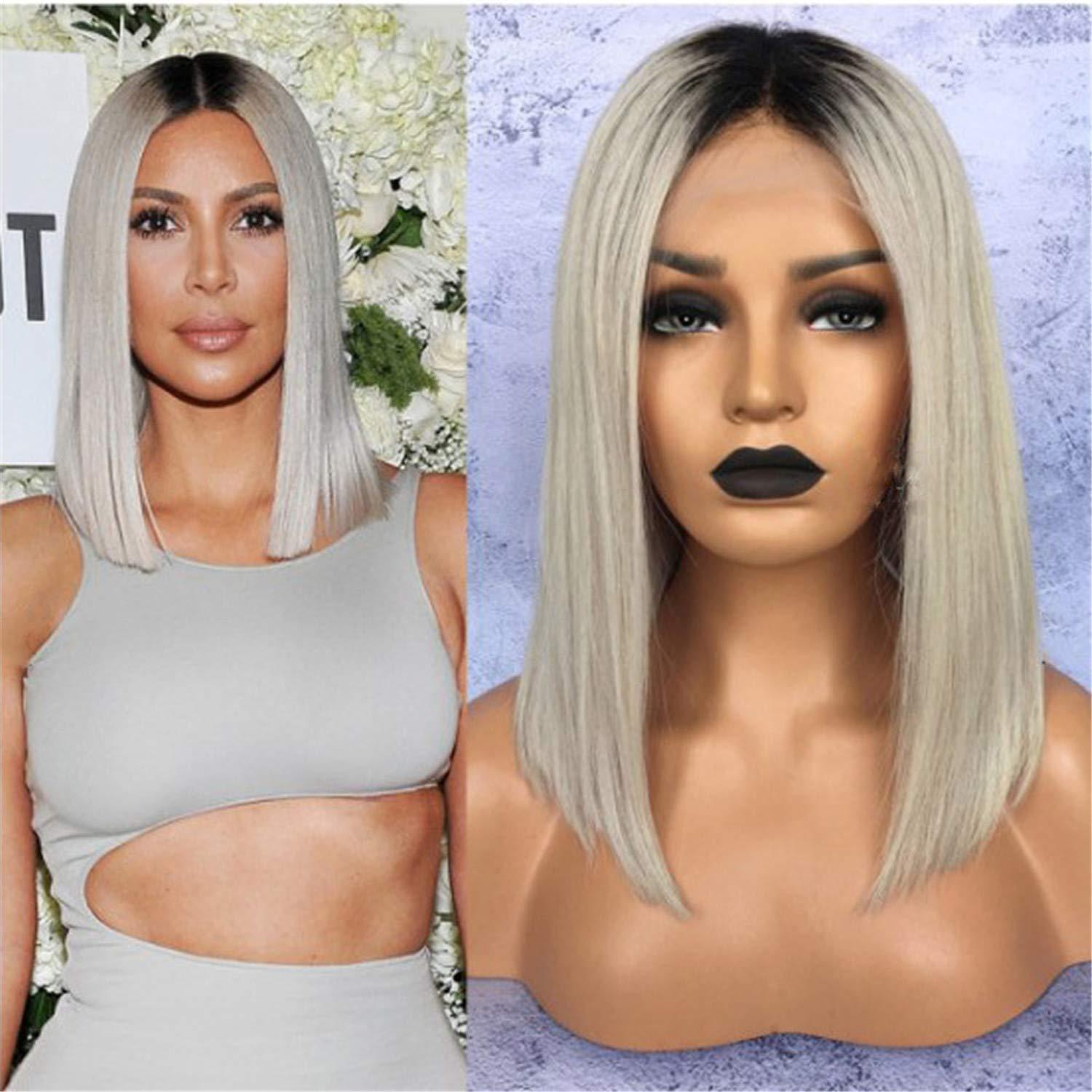 Generic Synthetic Lace Front Straight Wigs Straight Middle Part Bob Silver Grey Wig for Women Heat Resistant Wigs (Silver Gray,One Size)