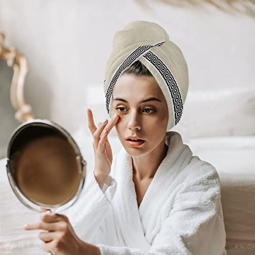 LEOSUCRE LEOSUCRE Microfiber Hair Towel Wrap Ultra Absorbent Hair Cap, Beige Chinese Floral Style Hair Towel with Buttons Hair Drying Towel Turban Bath Hair Wrap for Woman 26x10in Simple Painting