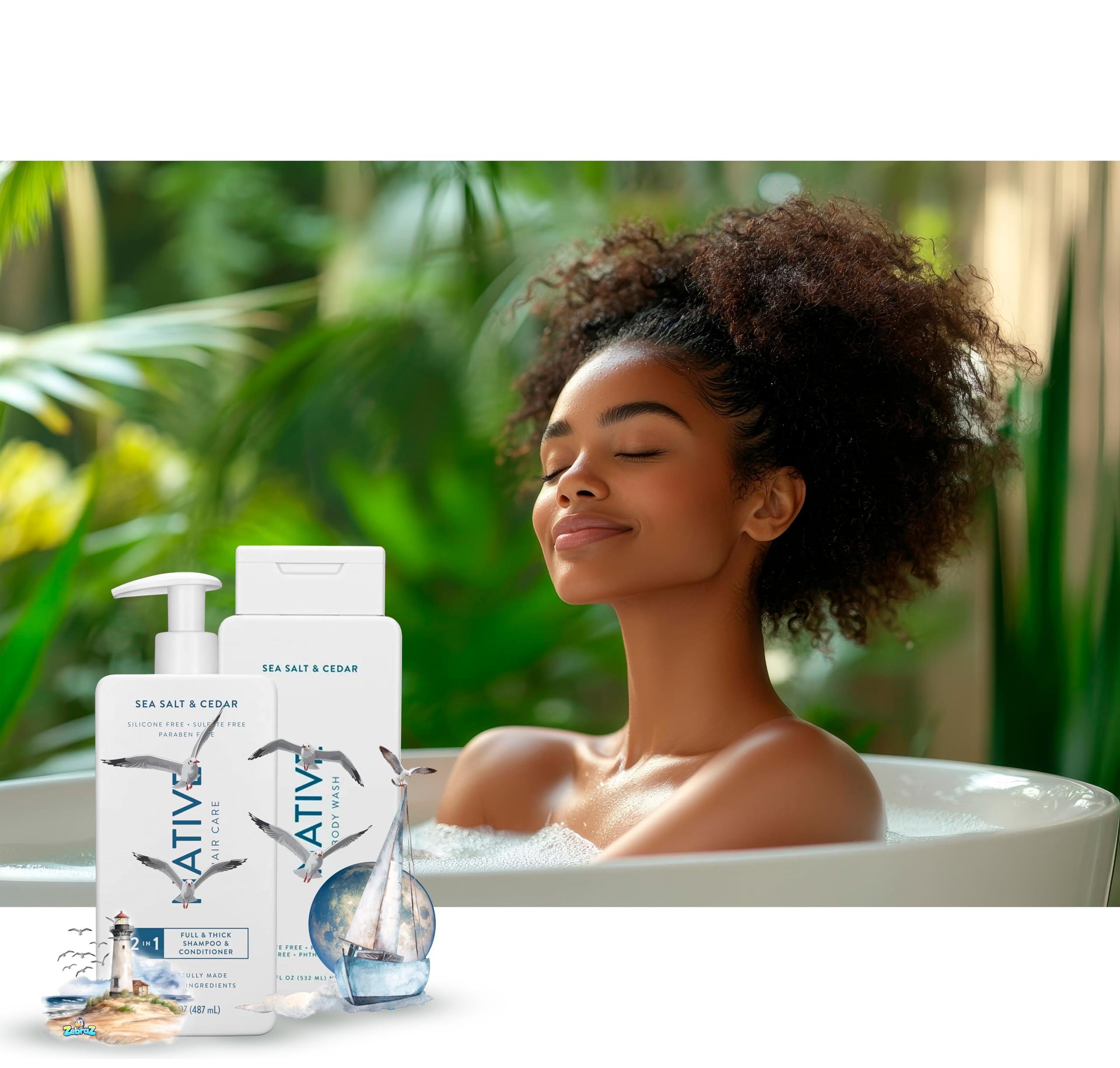 Hair Care And Body Wash Native - Hair and Body Wash - 2 in 1 Shampoo and Conditioner And Body Wash - Sea Salt & Cedar - Contain Naturally Derived Ingredients | All Hair - 16.5 and 18 FLOz - Pack Of 02