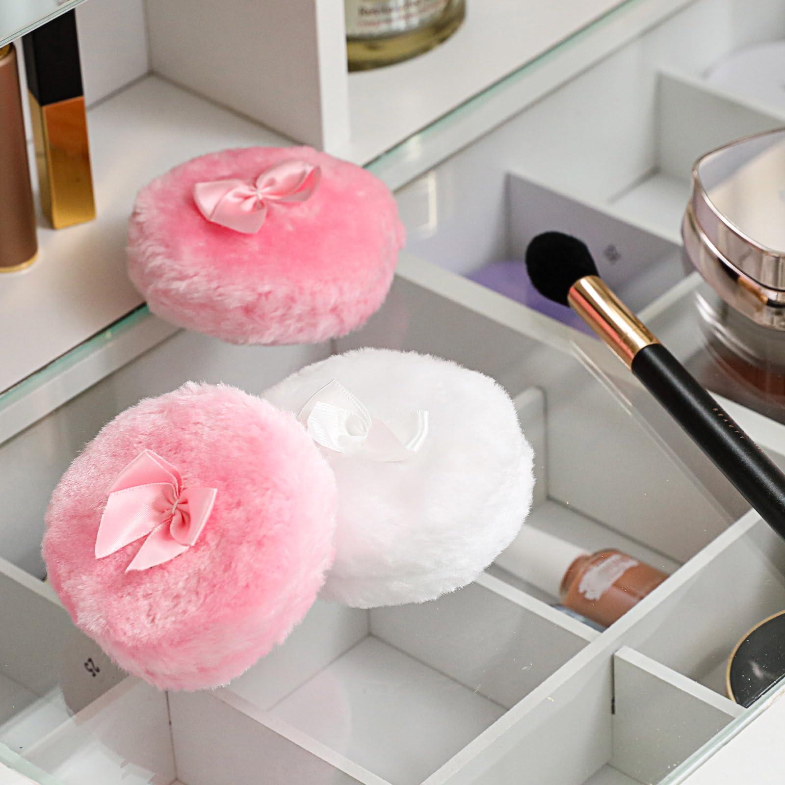 KALIONE 4Pcs Large Fluffy Powder Puff, White Powder Puff, Powder Puffs for Face powder, Ultra Soft Body Powder Puff, Soft Face Body Powder Puff, Washable Reusable Makeup Puffs(White/Pink)