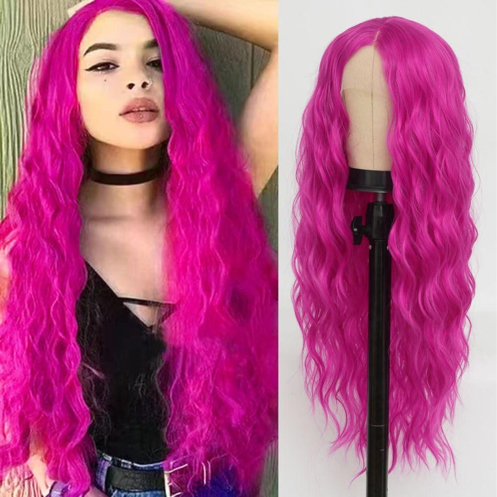 Siudus Siudus Hot Pink Lace Front Wigs for Women Long Curly Wavy Wig Middle Part Synthetic Fibre Halloween Cosplay Wig
