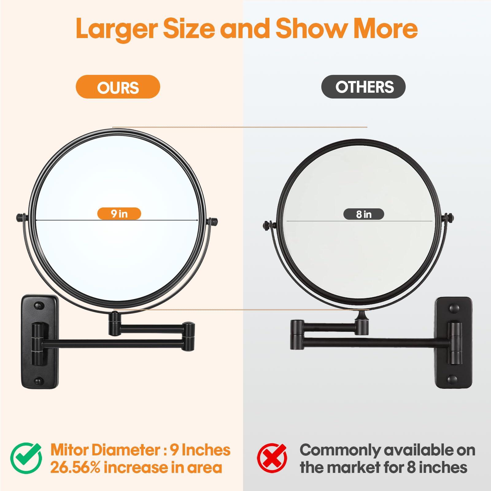 HOMEMIRO Large Size 9-in Wall Mounted Magnifying Makeup Mirror 1X/10X Magnification,Extendable Bathroom Mirrors Wall Mount Vanity Mirror for Shaving,12-in Folding Arm,Flexible Adjustable,Space-Saving,No Light