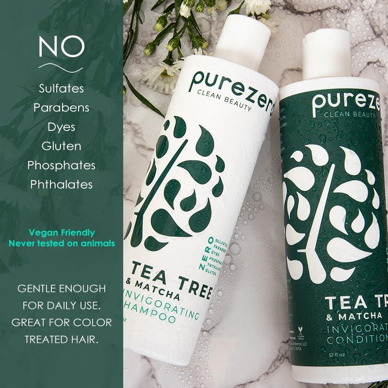 Purezero Purezero Tea Tree & Matcha Shampoo and Conditioner Set - Nourishing & Invigorating Scalp Treatment - Zero Sulfates, Parabens, Dyes Vegan and Cruely Free (12 Fl Oz (Pack of 2))