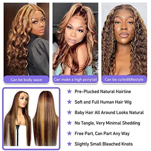 nopamo nopamo Highlight Ombre Lace Front Wig Human Hair, 13x4 Colored 4/27 HD Lace Frontal Human Hair Wigs, Honey Blonde Straight Lace Front Wigs Human Hair for Black Women, 150% Density (24 Inch, Ombre)
