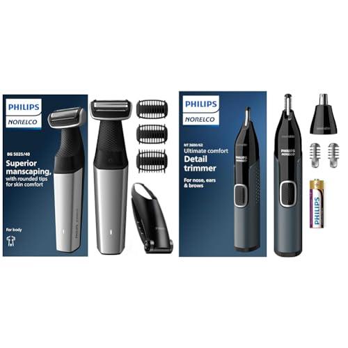 Philips Norelco Philips Norelco Bodygroom Series 5000 Showerproof Body & Manscaping Trimmer for Men with Back Attachment, BG5025/40 + Philips Norelco Nose Trimmer 3000, for Nose, Ears, Eyebrows, NT3600/62