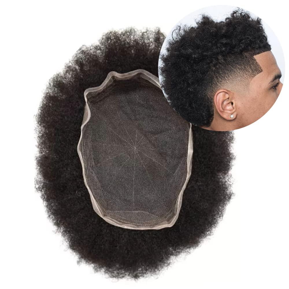 Generic Breathable Full Swiss Lace Afro Curl Toupee for Black Men 8x10inch Kinky Curly Wavy Human Hair Replacement System for Black Men Hairpieces with Natural Hairline Afro Mens Toupee 1B# OFF BLACK (8\'\'x10\'\', 1B# OFF BLACK 8MM-wave)