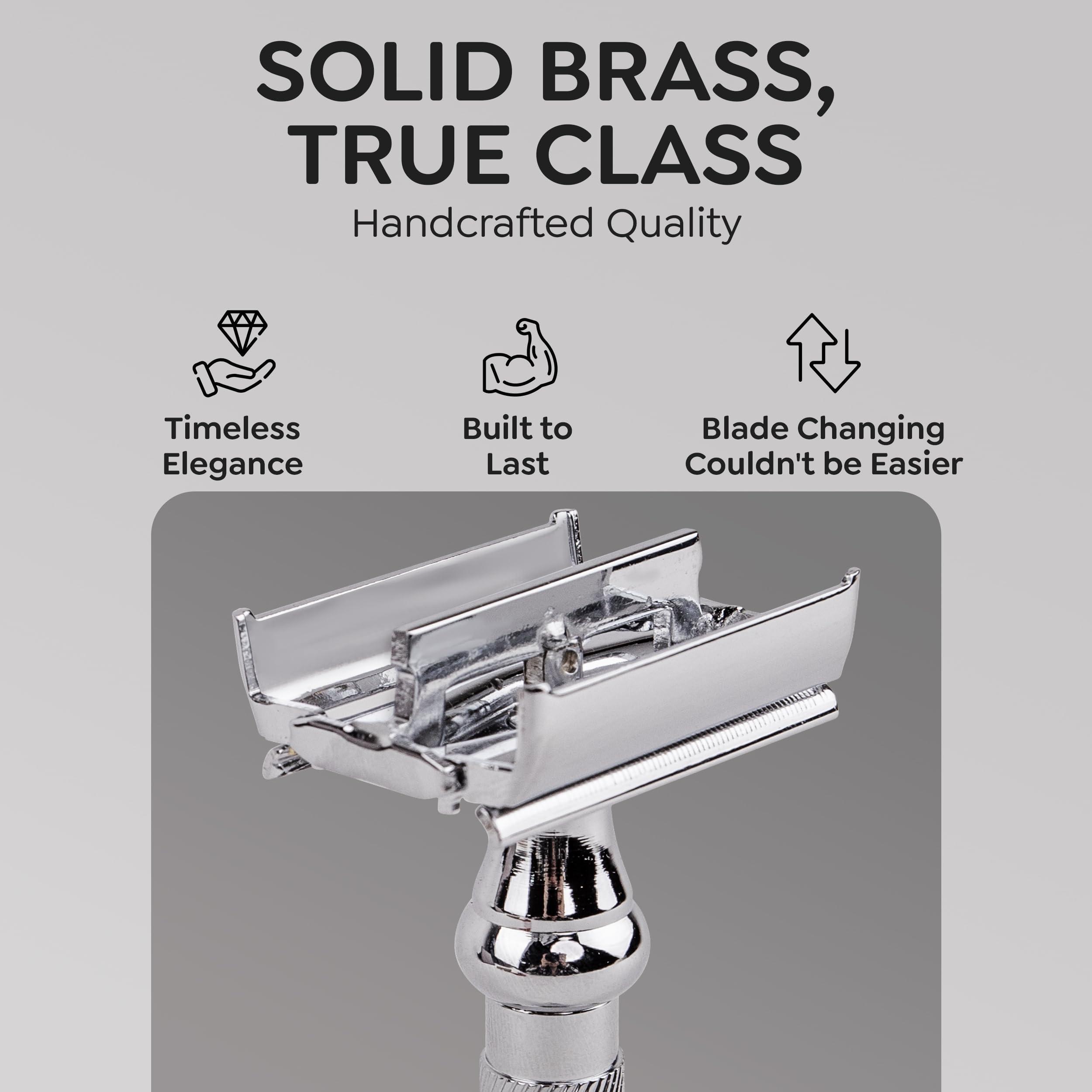 Parker Safety Razor Parker 99R Chrome Long Handle Heavyweight Butterfly Open Double Edge Safety Razor for Men, 5 Parker Premium Platinum Double Edge Razor Blades Included