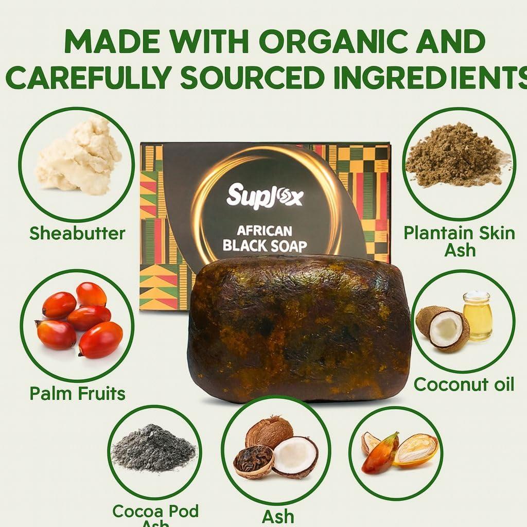 Suplox Raw African Black Soap Bar Black African Soap for oily Skin, Scars, Dark Spots | Perfect for Pimples, Blackhead, Face & Body Wash | Face and Body Wash Soap 1 Count.