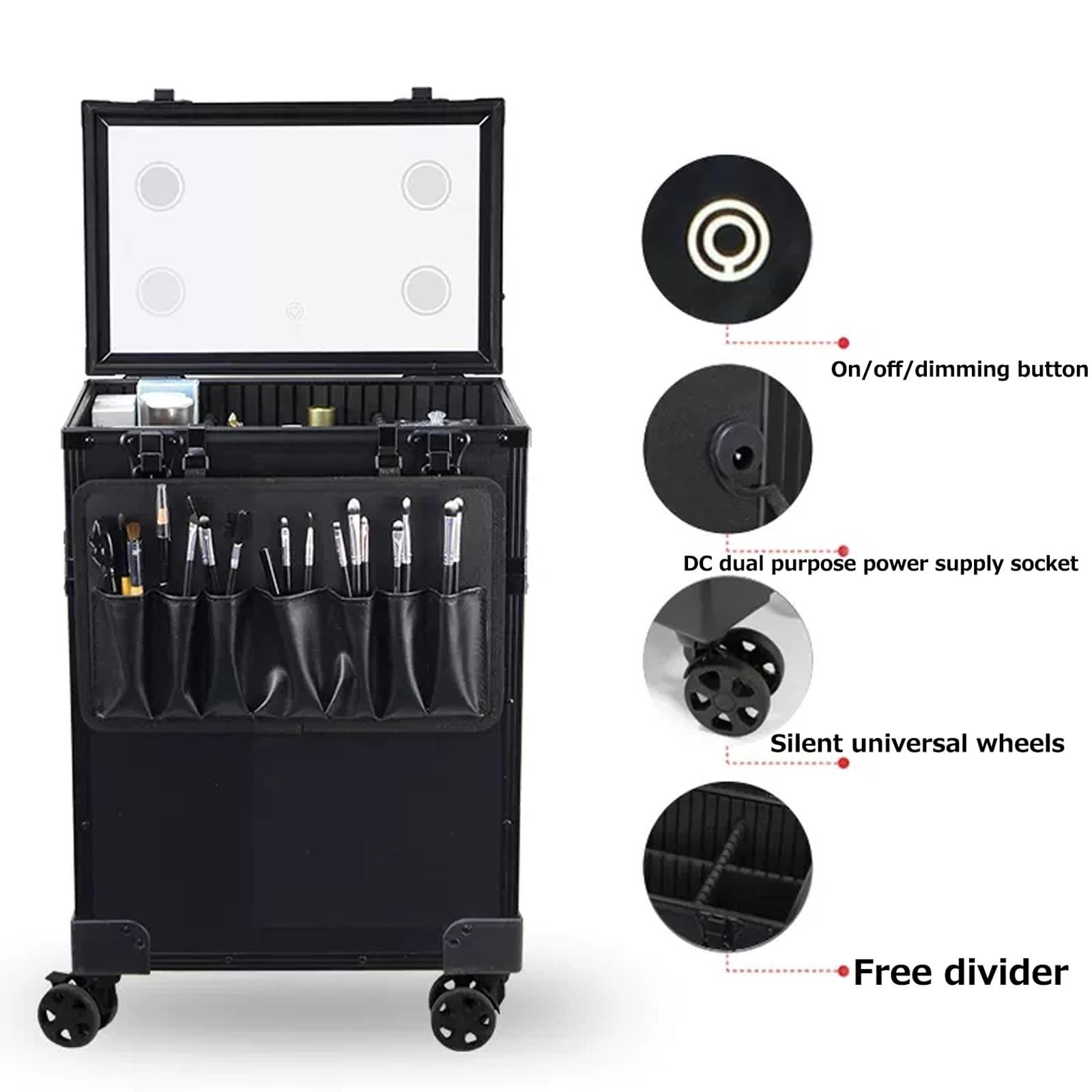 HJXGQJM HJXGQJM Rolling Makeup Trolley Train Case Cosmetic Suitcase Nail Tech Box For Makeup Artist, Aluminium Make Up Case, Combination Make-up Case,Cosmetic Case With Mirror And Light,Black cosmetic case