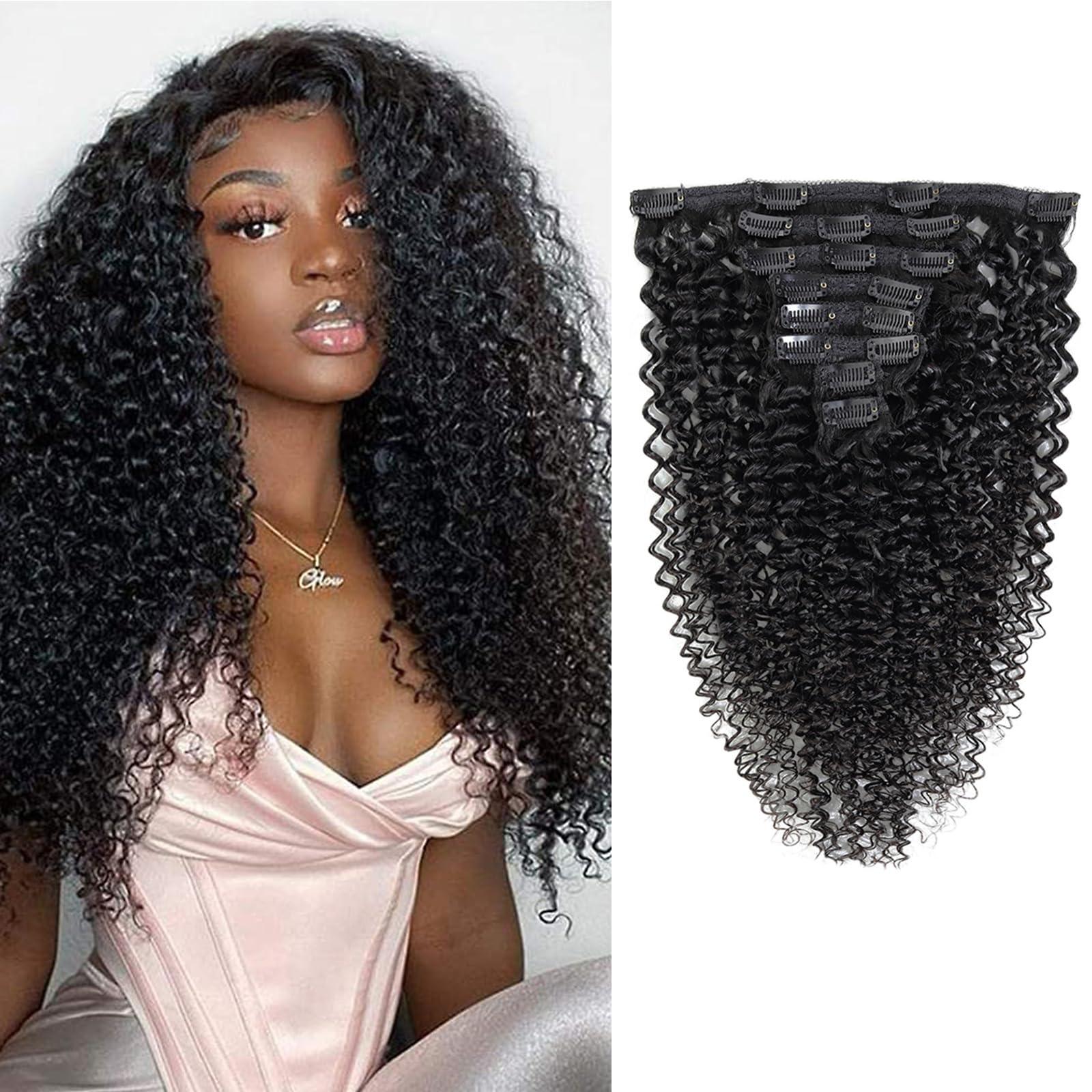 R RACILY HAIR Kinky Curly Clip In Hair Extensions Human Hair 1 Set 3C 4A Curly Wave Clip Ins Full Head for Black Women Brazilian Remy Human Hair Natural Color Double Weft Long 8 Pieces/Lot 135g (20", Curly)