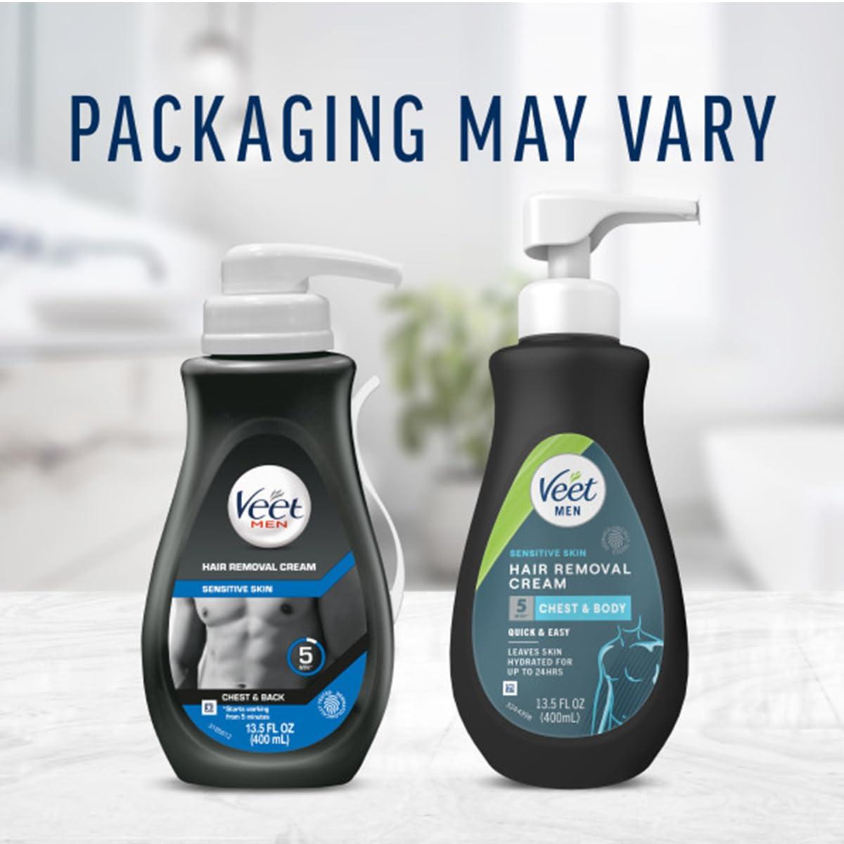 Veet Veet Sensitive Skin Dermatologically Tested 13.5 Fl Oz. 5 Min Men\'s Hair Removal Gel Cream with Spatula For Body, Chest & Back (2 Pack)