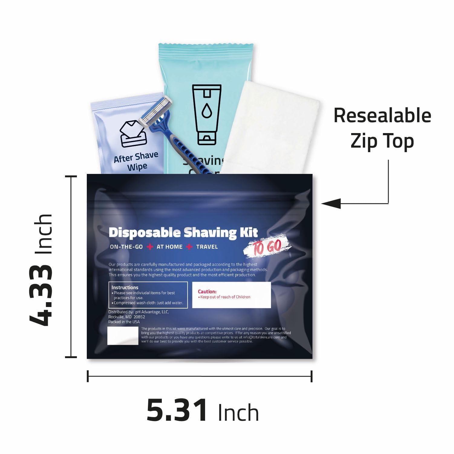 pH Advantage Disposable Compact Shaving Kit (10 Pack) - with Razor, Shaving Cream, Washcloth, and Aftershave Wipe Travel Ready Grooming Essentials - Perfect Personal Shave Kit or Charity Gift Set (Black)