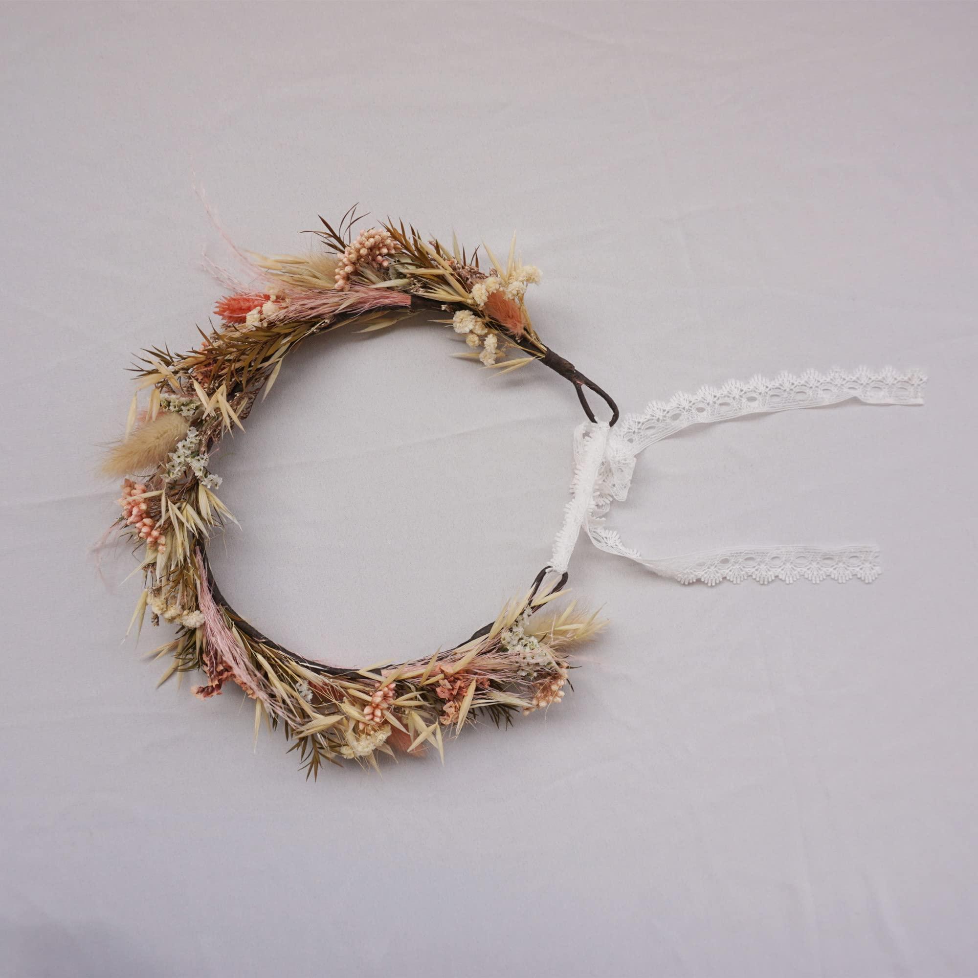 DXXD Autumn Dried Flower Crown - Darling Halo Style Headband in Organic Naturally Dried Flowers in Mustard Yellow, Blush and Cream (Adule)