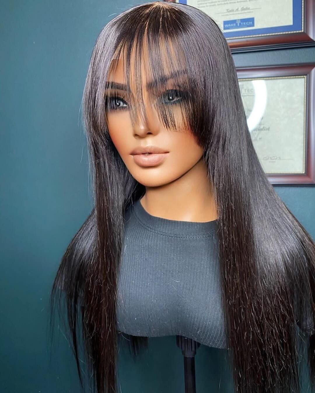 HAOKE Silk Top Wig Human Hair Straight Wigs Human Hair for Black Women Long Black Wig With Bangs Real Human Hair Jet Black Glueless Human Hair Wigs Middle Part Lace Front Wigs (18 inch,Jet Black )