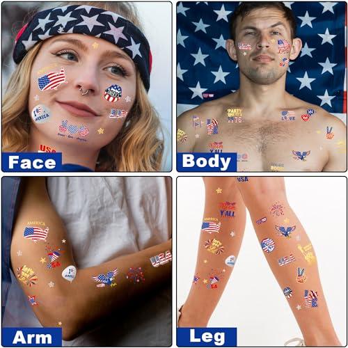 Huskein 188 PCS Veterans Day Temporary Tattoo Set, 4th of July Waterproof Face Body Stickers, Patriotic Parade Accessories, Fourth of July Long Lasting Temporary Tattoo, Party Supplies Thank You Veterans