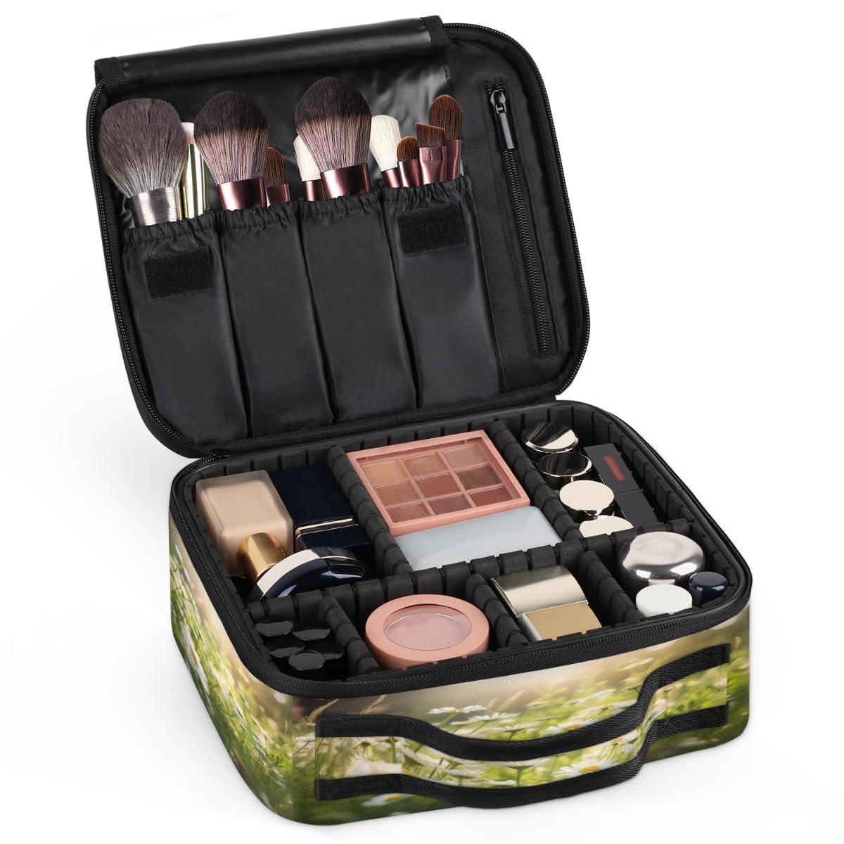 Funky Qiu Funky Qiu Daisy Flower Field Travel Makeup Train Case Makeup Comestic Bag Organizer Portable Artist Comestic Brush Organizer with Adjustable Dividers for Woman Girls