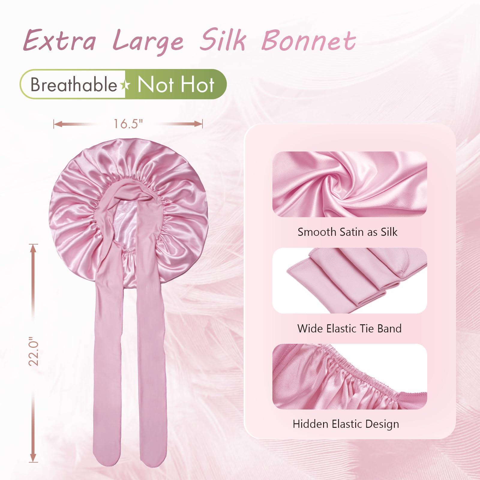 BONNET QUEEN BONNET QUEEN Large Silk Sleeping Bonnet Satin Adjustable Big Bonnet for Curly Hair Braids Night Hat Cap Wrap with Tie Band Rose