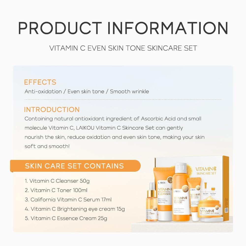 Yasovigi Vitamin C Skincare Set, Moisturizing Face Skin Care Kit with Facial Cleanser, Face Serum, Face Cream, Eye Cream, Toner For Hydrating Skin, Anti-Aging Skin
