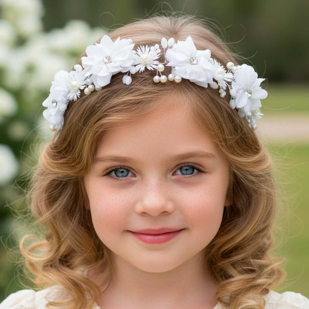 Campsis Campsis Flower Girl Headpiece White Princess Headband Pearl First Communion Hair Bands Wedding Birthday Party Hair Accessories for Women and Girls