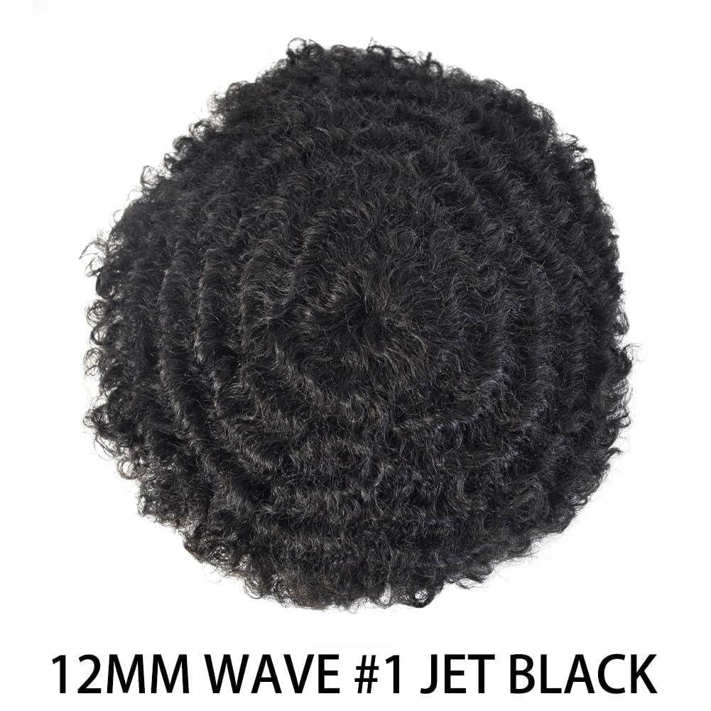 Hair Wonders Afro Toupee for Black Men Soft Full Poly African American Men Toupee Kinky Curly Brazilian Human Hair Pieces Man Weave Hair Unit Black Men 8x10 inch Hair Units for Black Men 1# JET BLACK 12mm wave