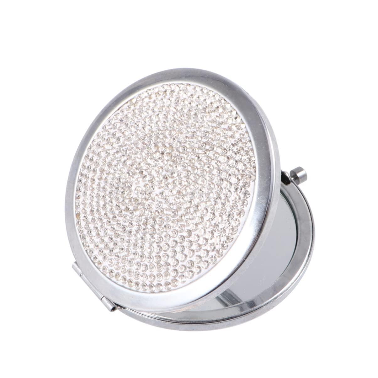 LALAFINA LALAFINA 1pc Bling Compact Mirror Pocket Rhinestone Makeup Mirror Double-Sided Cosmetic Mirror Round Folding Mirror for Women Travel Daily Use, White