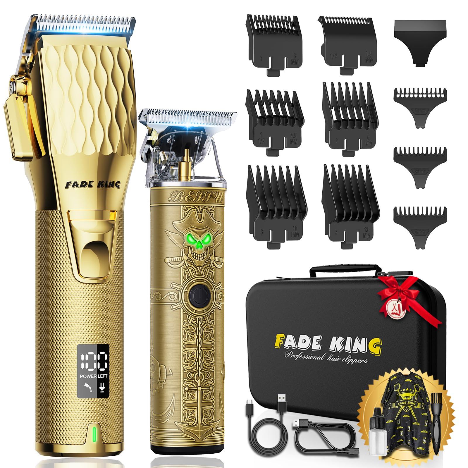 FADEKING FADEKING Professional Hair Clippers for Men - Cordless Hair Clippers, LCD Display Barber Clippers for Hair Cutting & Mens Grooming with Travel Case (Gold+Bronze)