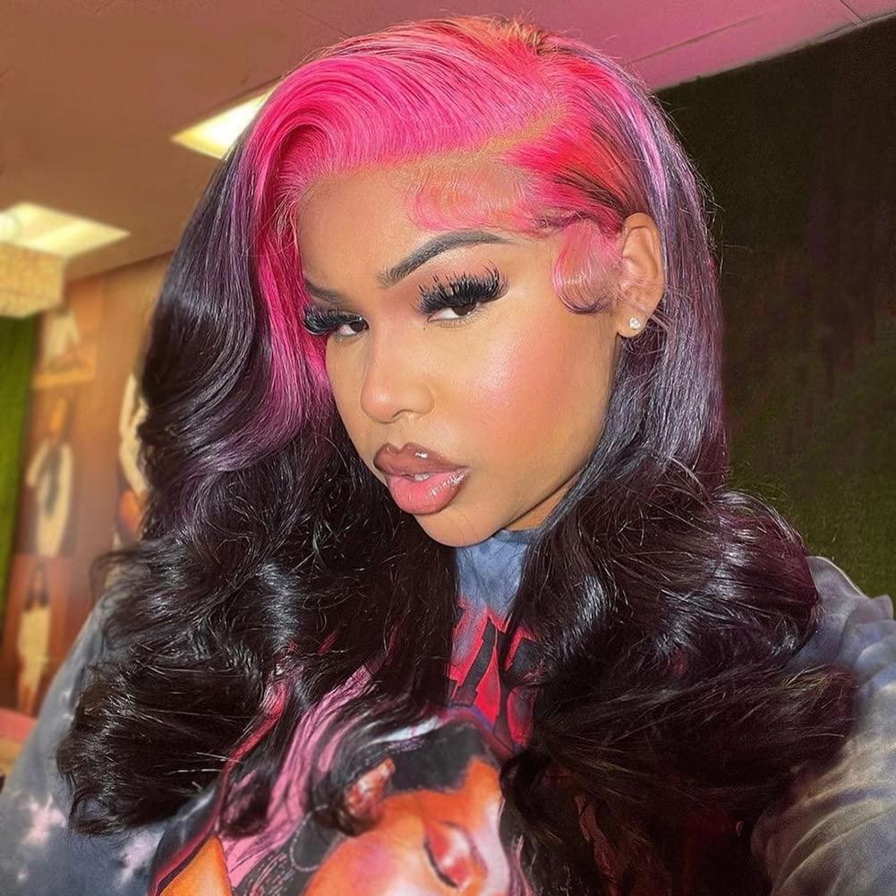 Anlimer Ombre Pink Black Lace Frontal Human Hair Wigs Pre Plucked 13x4 Lace Front Wig Human Hair Glueless Remy Body Wave Lace Wig 150 Density 20 Inch