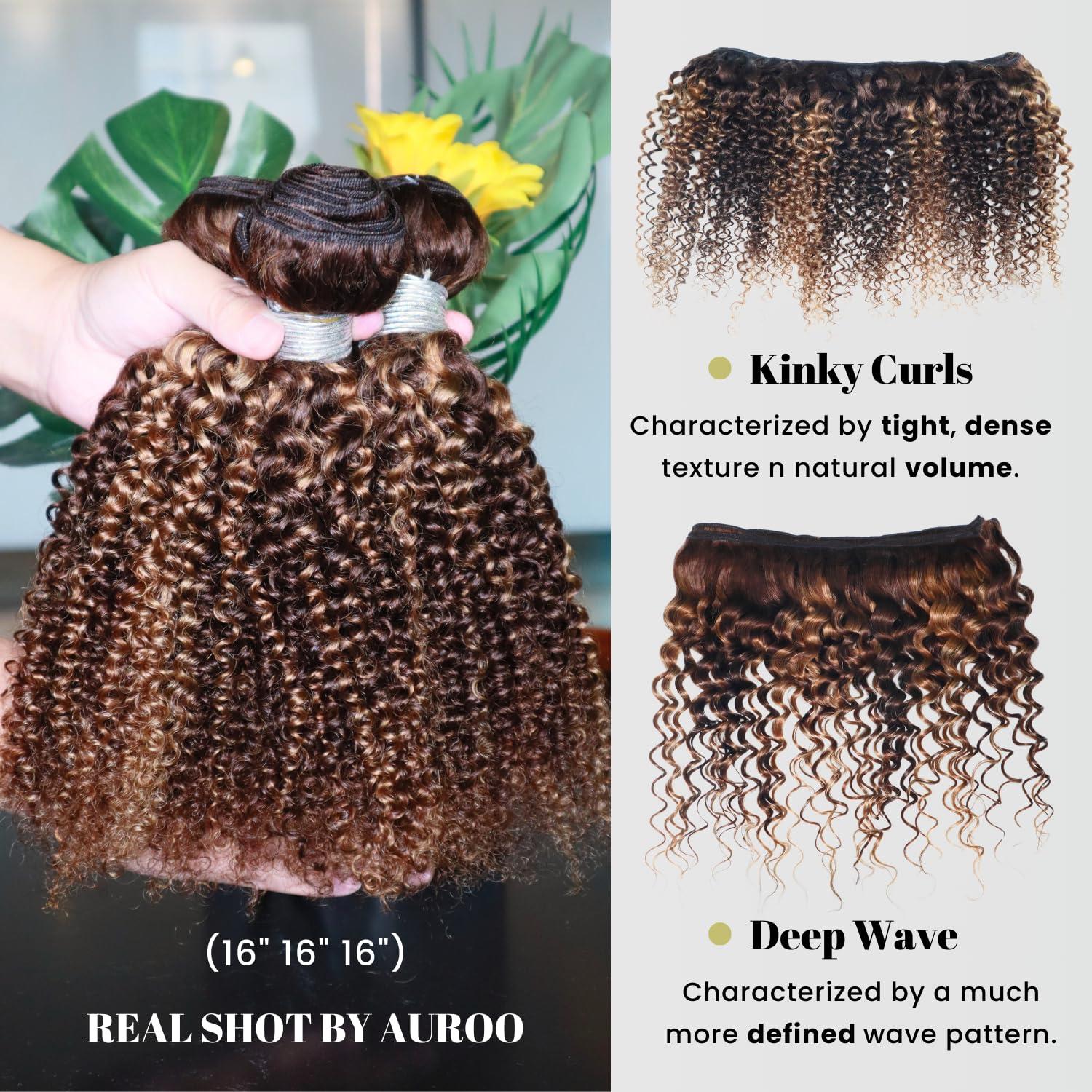 AUROO AUROO Honey Blonde Highlight Tight Kinky Curly Human Hair Single Bundles, 10A Burmese Curly Weave Bundles Human Hair 100% Virgin Remy Bundle Ombre #P4/27 Colored Kinky Curly Thick Tracks Sew in 16 In