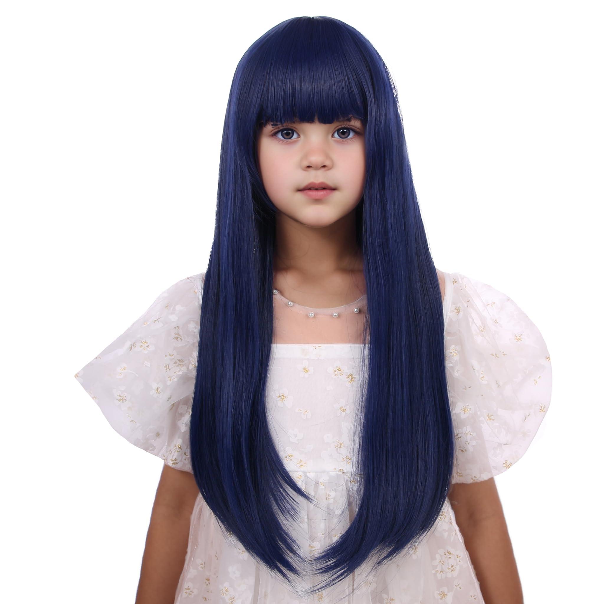 Edivd Edivd Dark Blue Wig for Kids Long Navy Blue Wig with Air Bangs for Girls Child Long Blue Straight Wig Heat Resistant Synthetic Wig with Wig Cap
