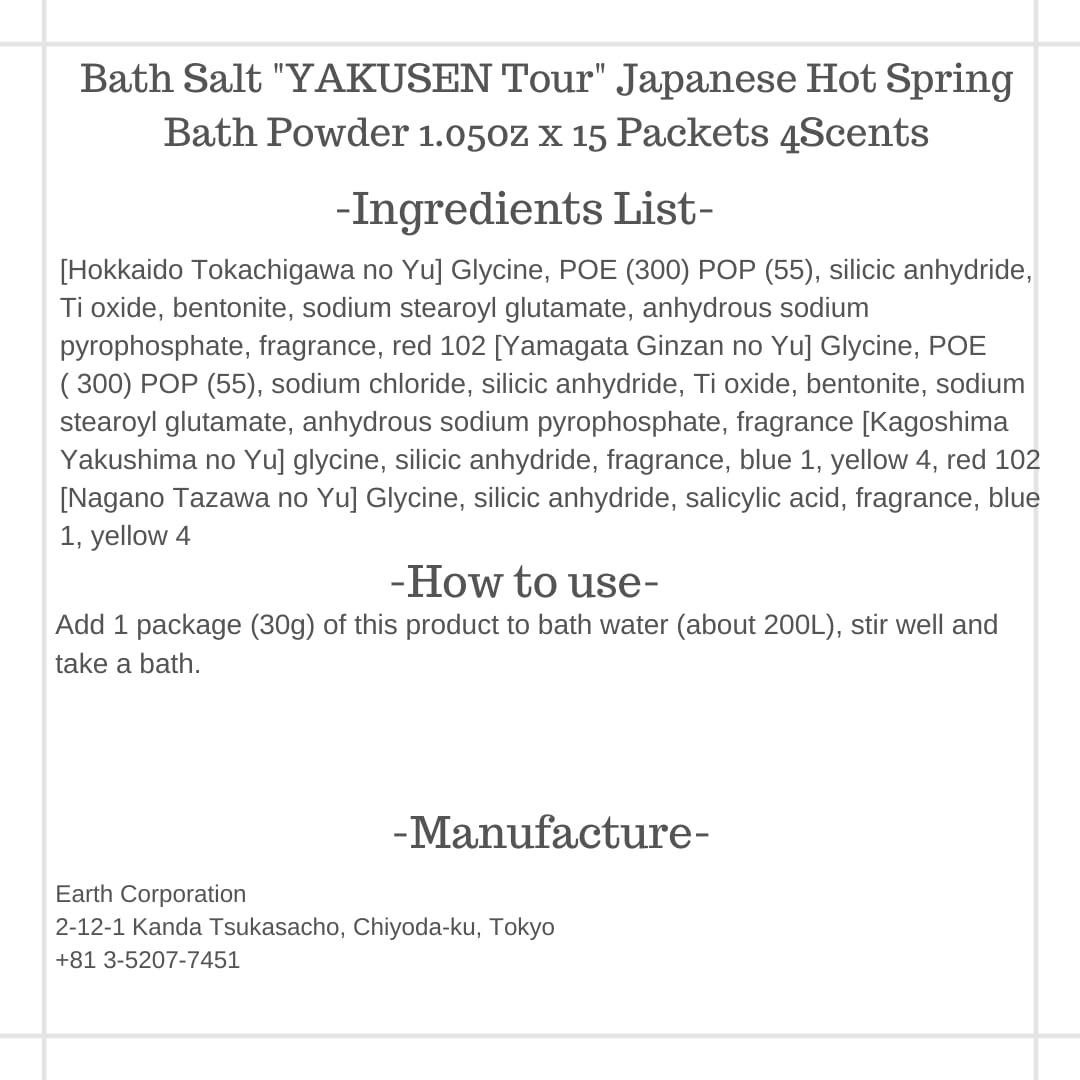 TSTADVANCE Japanese Bath Salt \"YAKUSEN Tour\" Japanese Hot Spring Bath Powder 1.05oz x 15 Packets 4Scents Onsen at Home