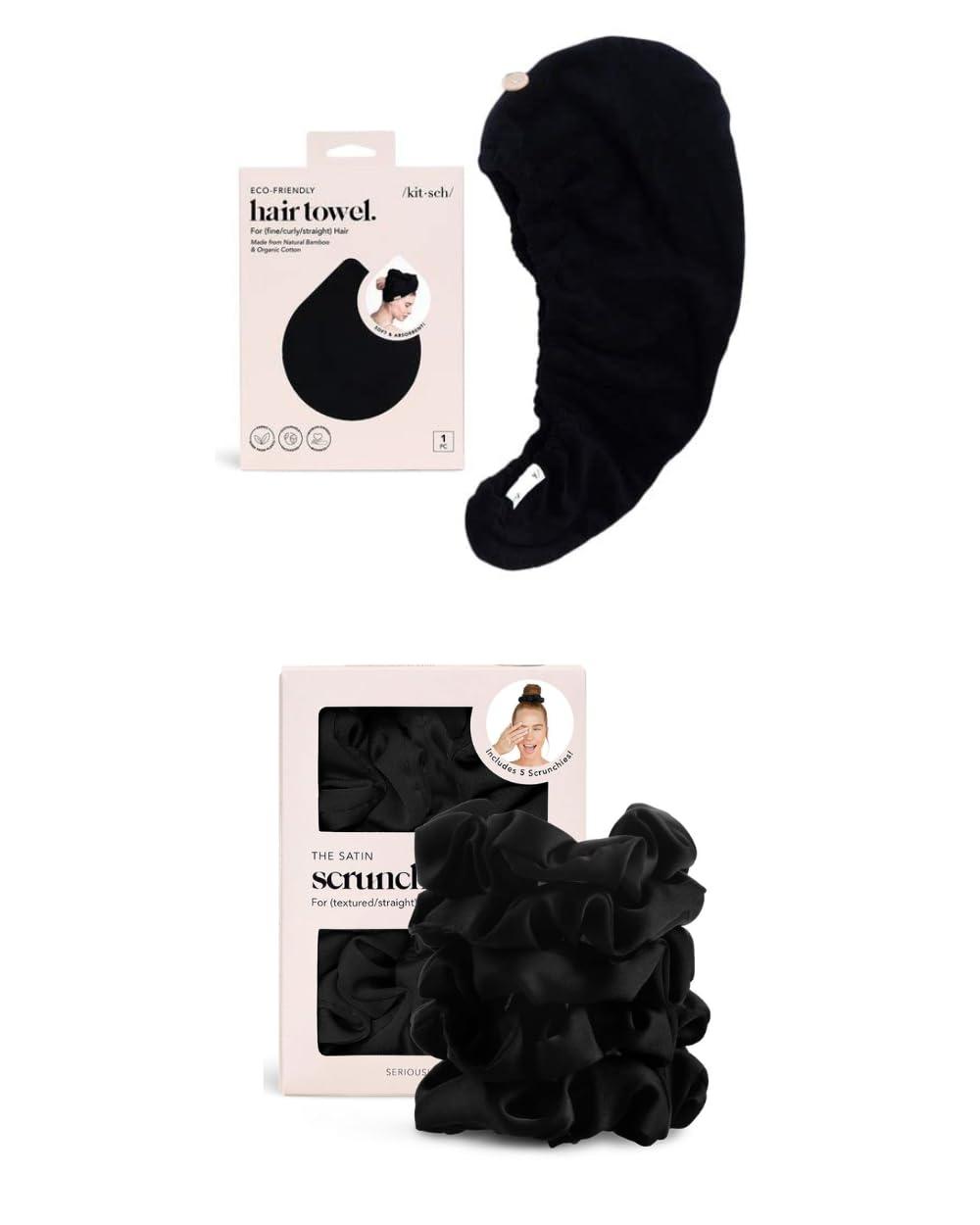 Kitsch Kitsch Microfiber Hair Towel Wrap and Satin Hair Scrunchies (Black, 5 pcs) Bundle with Discount