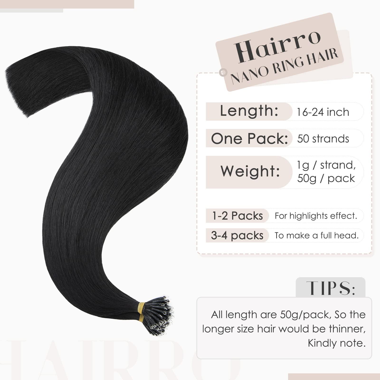 Hairro Hairro Nano Beaded Human Hair Extensions Pre Bonded Cold Fushion Nano Bead Nano Ring Keratin Tip Remy Hair Extensions For Women 24inch 50g/PACK 50 Strands #01 Natural Black