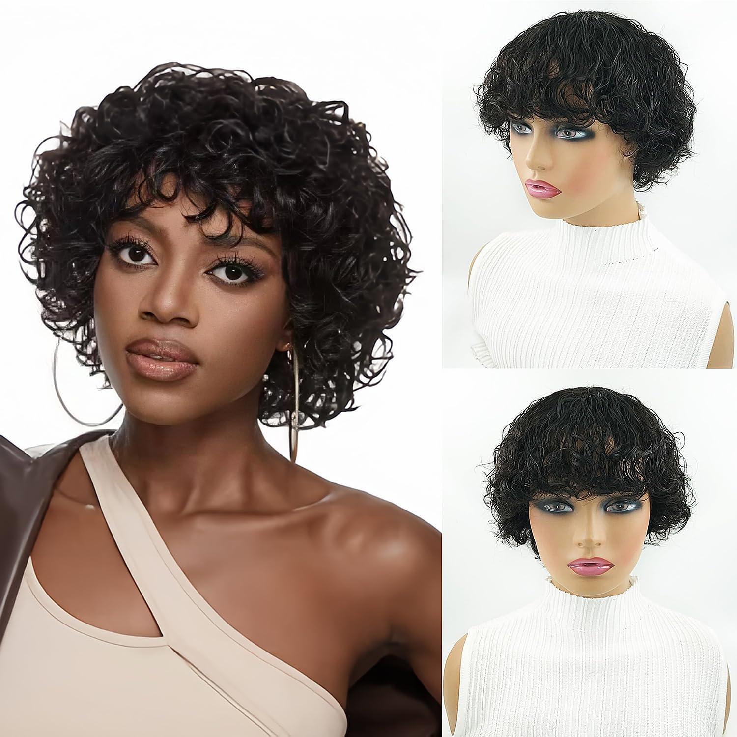 Afinska Afinska Kinky Curly Human Hair Wig Pixie Bob Cut Wig With Bangs Short Pixie Human Hair Wig Curly Pixie Cut Wig Human Hair Natural Black Brazilian Glueless Short Wig Bob Wigs Human Hair