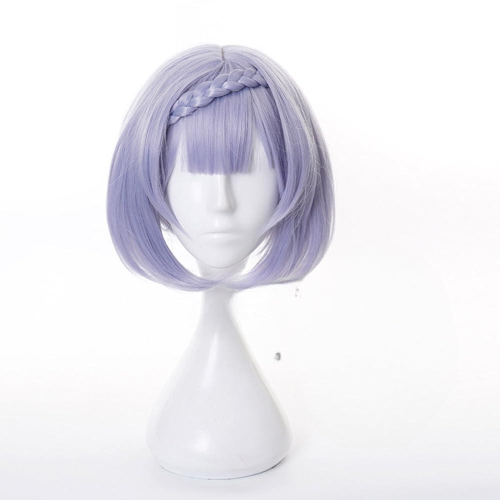 TO KU TOO YUO TO KU TOO YUO Wig for Game Light Purple Hair Wig Short Bob Wig with Bangs Straight Wig with Braid Heat Resistant Wig Role Play Halloween Wig