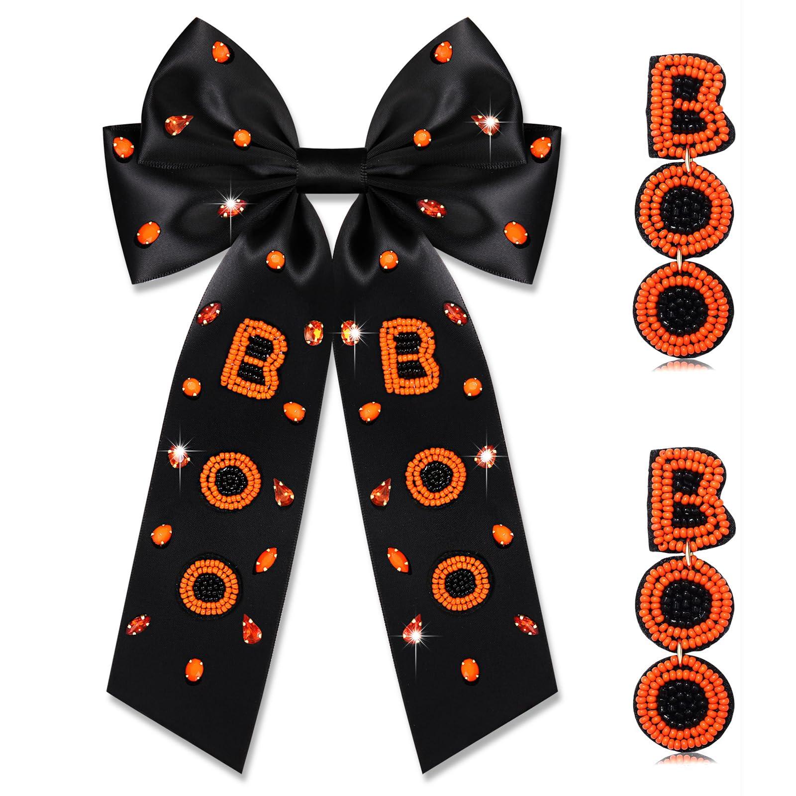 mokkia Halloween Hair Bows Clips for Women Halloween Accessories Outfits Big Spooky Pumpkin Boo Candy Corn Ghost Hair Bows Crystals Jeweled Orange Black Hair Ribbons Barrettes Costume Party Gifts (Pattern A)